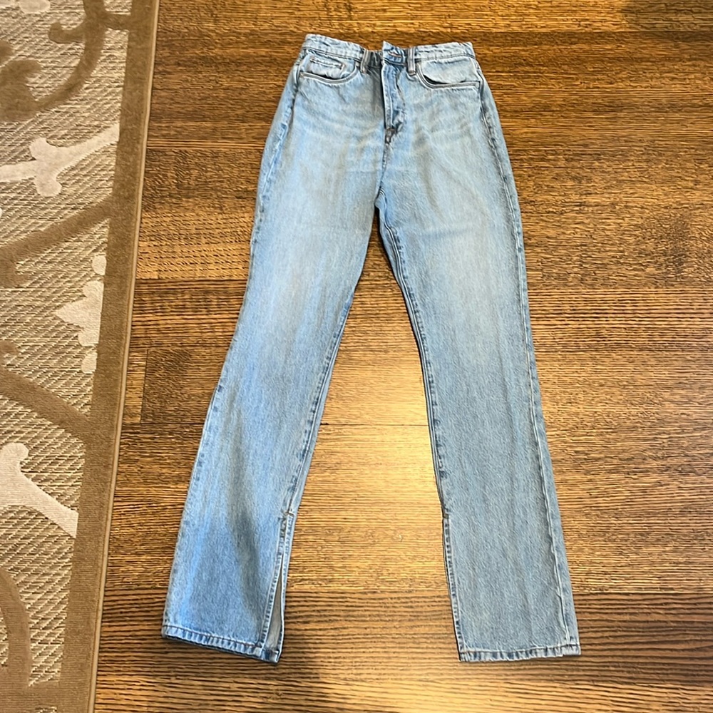 high rise straight leg jeans with ankle slit
